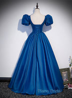 Blue Satin V-Neckline Short Sleeves Long Formal Dresses, Blue Satin Formal Prom Dresses