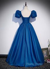 Blue Satin V-Neckline Short Sleeves Long Formal Dresses, Blue Satin Formal Prom Dresses