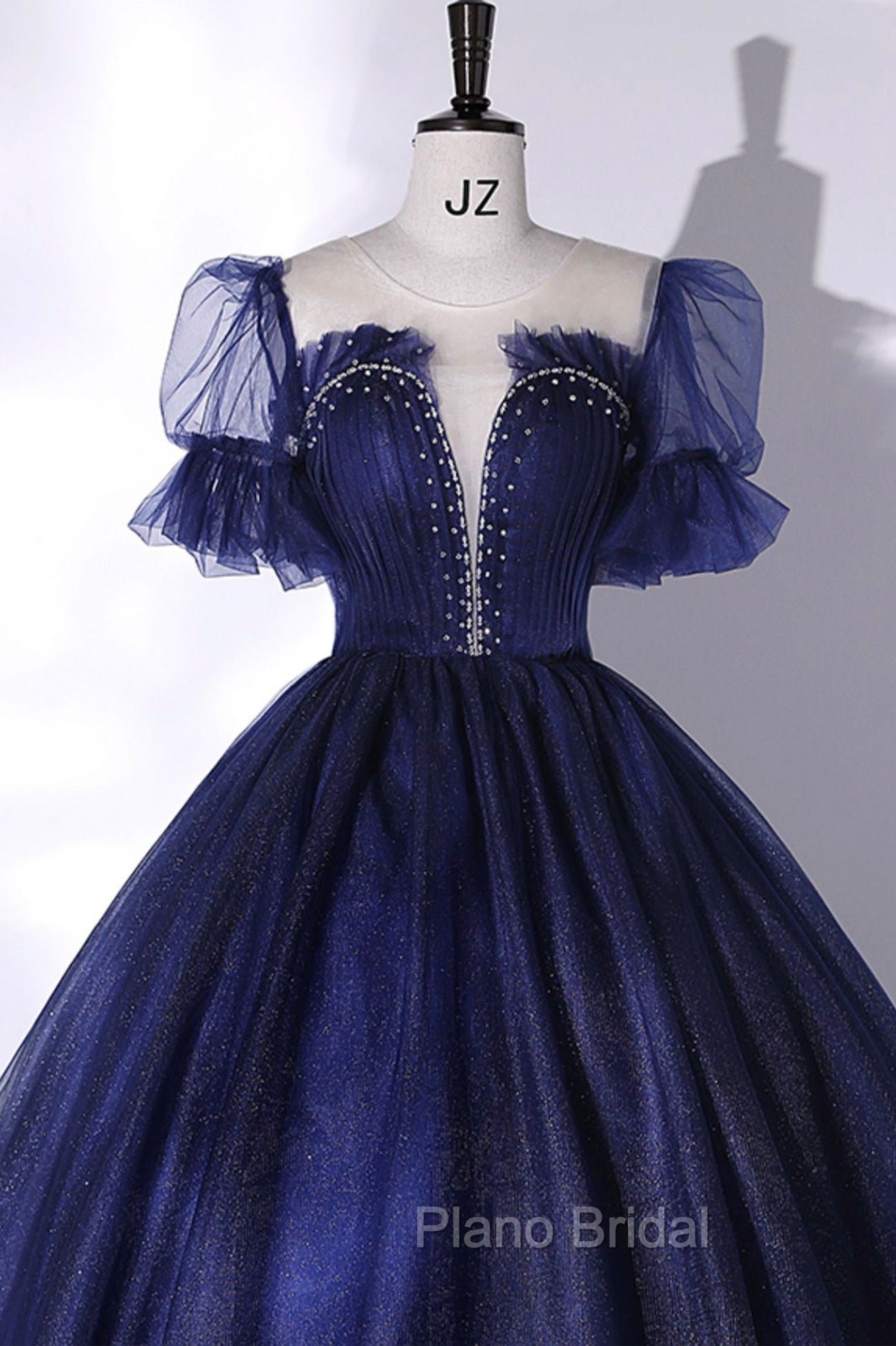 Blue Scoop Neckline Tulle Long Formal Prom Dresses, A-Line Short Sleeve Evening Gown