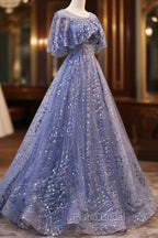 Blue Scoop Neckline Tulle Long Formal Prom Dresses, Shiny A-Line Formal Evening Dresses