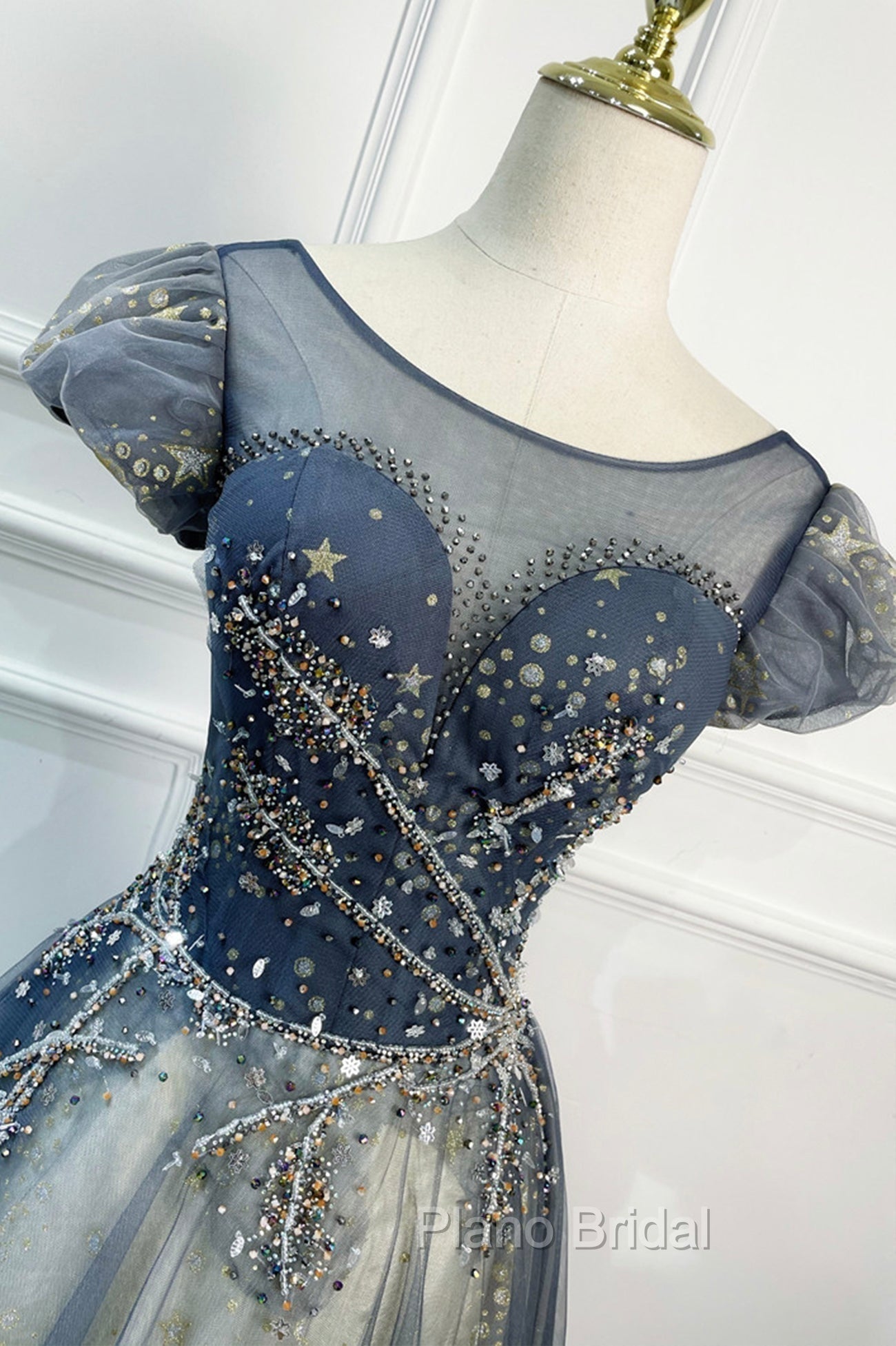 Blue Scoop Neckline Tulle Long Formal Prom Dresses with Beaded, A-Line Evening Party Dresses Secondary image