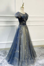 Blue Scoop Neckline Tulle Long Formal Prom Dresses with Beaded, A-Line Evening Party Dresses