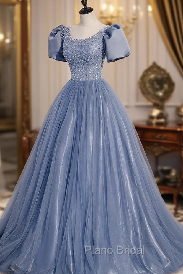 Blue Scoop Tulle Long Formal Prom Dresses, A-Line Short Sleeve Formal Dresses