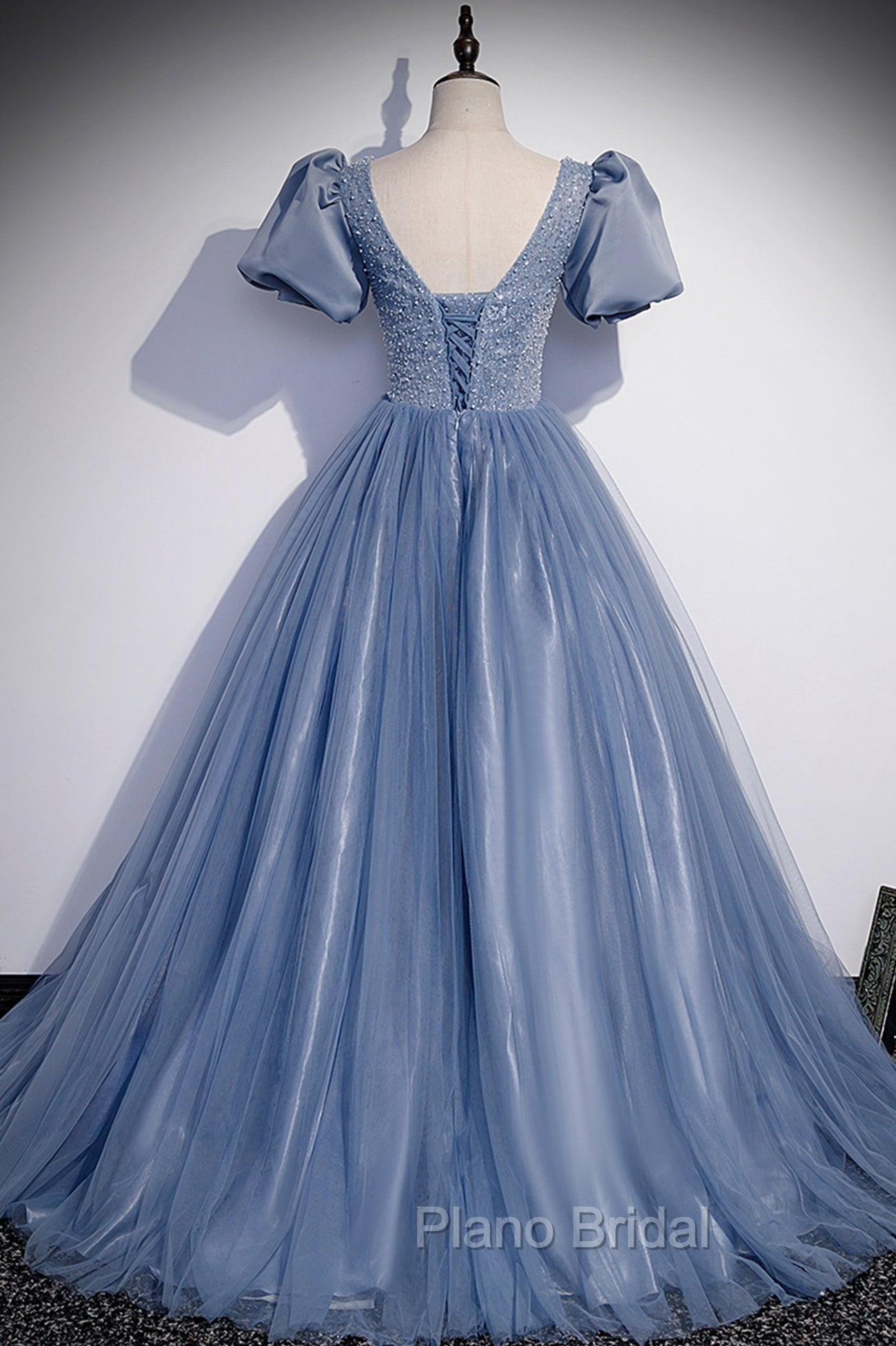 Blue Scoop Tulle Long Formal Prom Dresses, A-Line Short Sleeve Formal Dresses