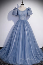 Blue Scoop Tulle Long Formal Prom Dresses, A-Line Short Sleeve Formal Dresses