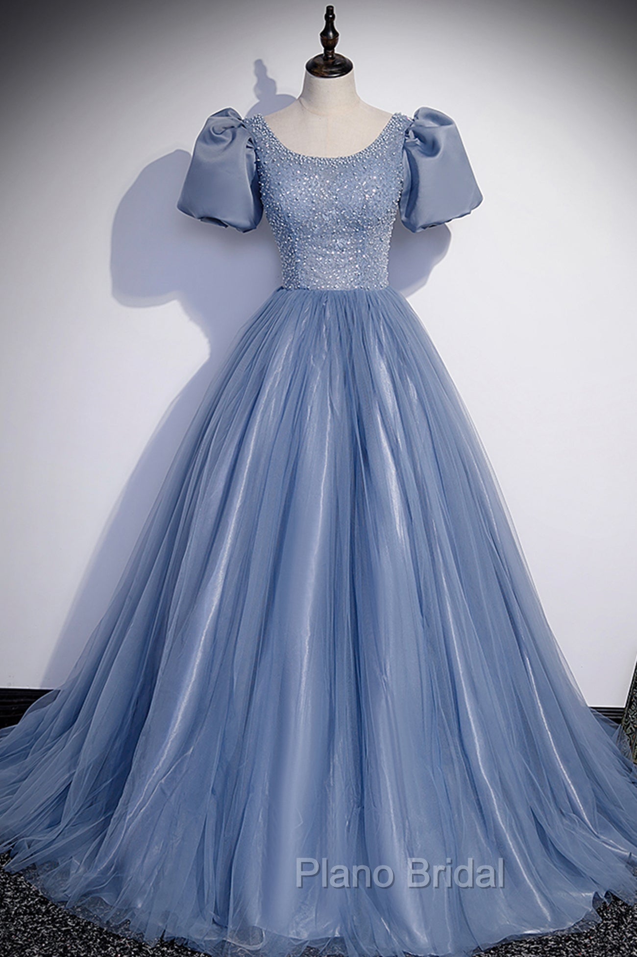 Blue Scoop Tulle Long Formal Prom Dresses, A-Line Short Sleeve Formal Dresses
