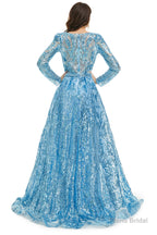 Blue Sequin With Detachable Train Long Sleeves Mermaid Evening Dresses