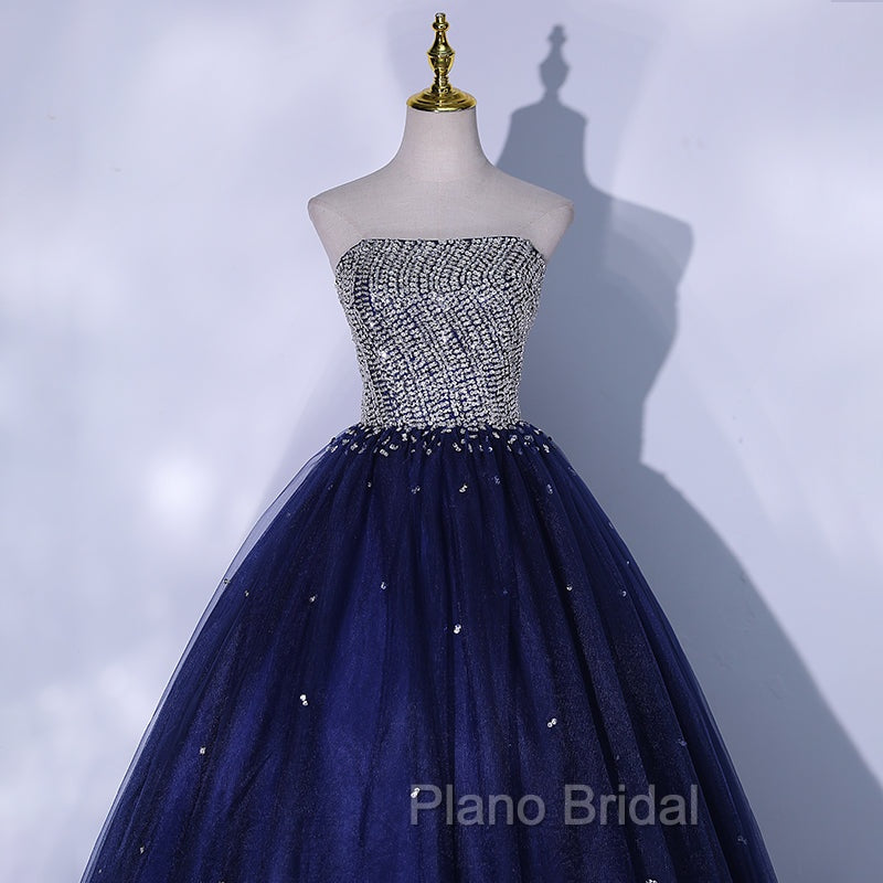 Blue Sequins and Beaded Ball Gown Tulle Lace-up Formal Dresses,Blue Evening Dresses Party Dresses