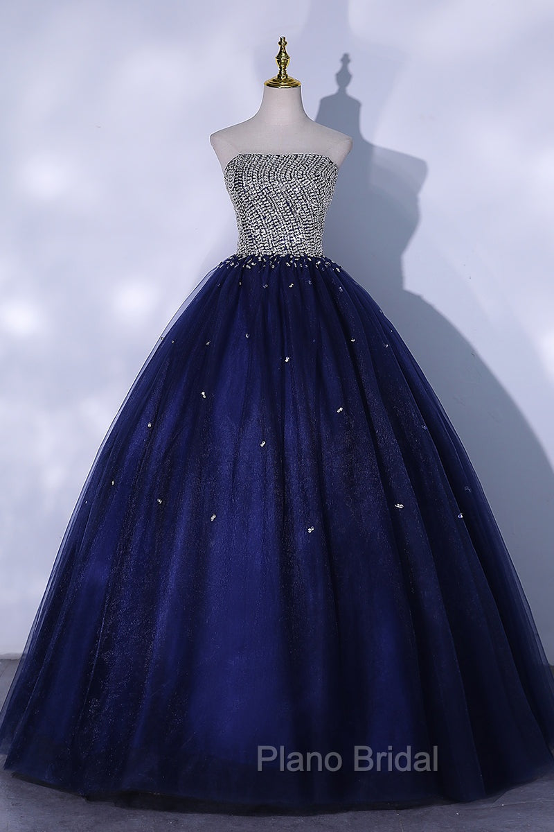 Blue Sequins and Beaded Ball Gown Tulle Lace-up Formal Dresses,Blue Evening Dresses Party Dresses
