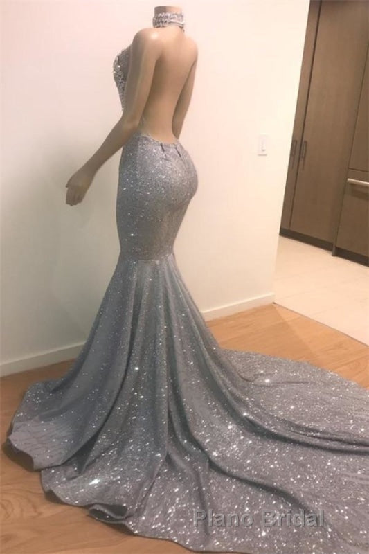 Blue Sequins Backless Long Mermaid Crystal Beaded Formal Prom Dresses
