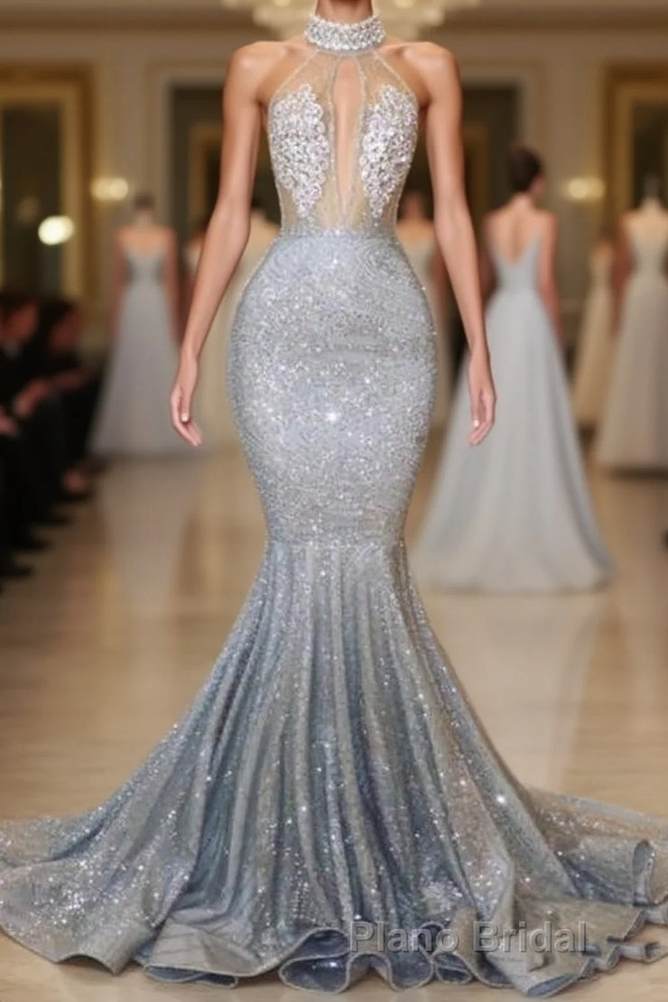 Blue Sequins Backless Long Mermaid Crystal Beaded Formal Prom Dresses Main image