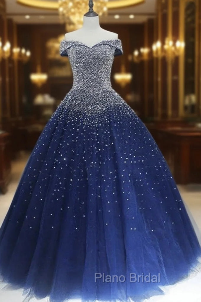 Blue Sequins Ball Gown Off Shoulder Party Dresses Blue Sweet 16 Gown Formal Prom Dresses shops Main image