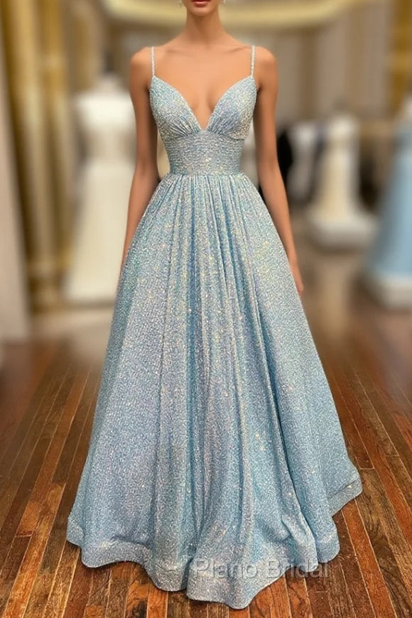 Blue Sequins Long Formal Prom Dresses Blue Evening Dresses Main image