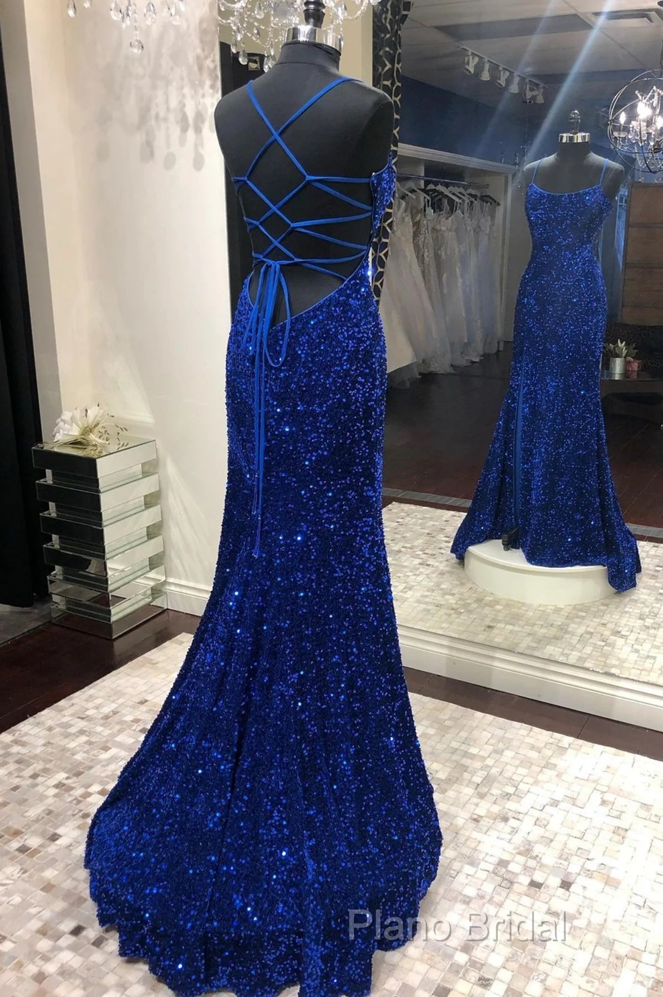 Blue Sequins Long Formal Prom Dresses Mermaid Formal Dresses
