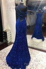 Blue Sequins Long Formal Prom Dresses Mermaid Formal Dresses