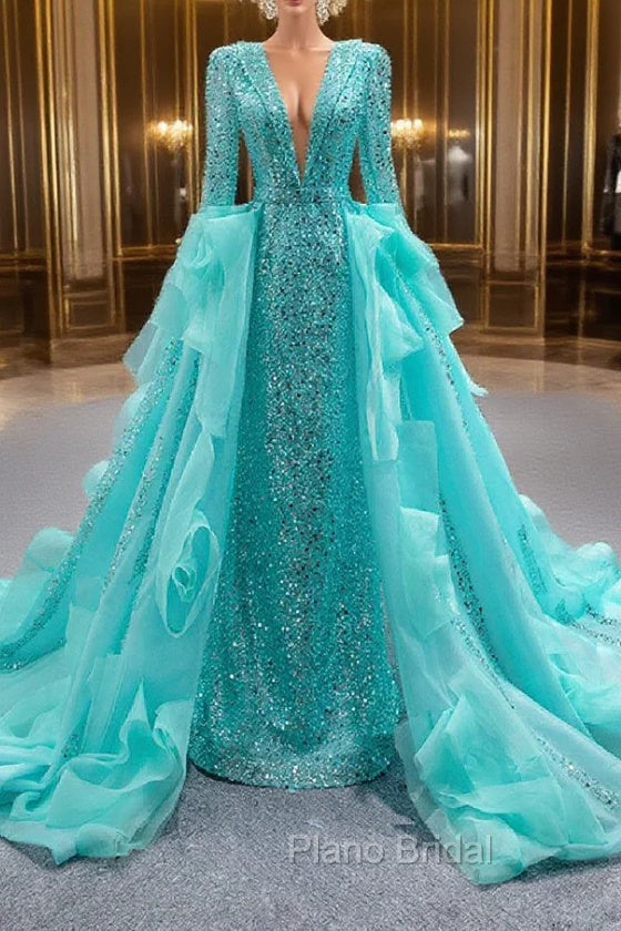 Blue Sequins Long Sleeve Pearls Formal Prom Dresses With Detachable Train Main image