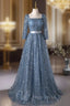 Blue Sequins Long Sleeve Square Formal Prom Dresses