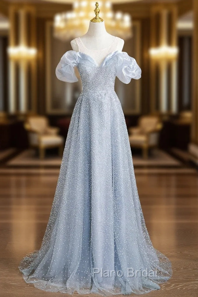 Blue Sequins Scoop Neck Backless Formal Prom Dresses