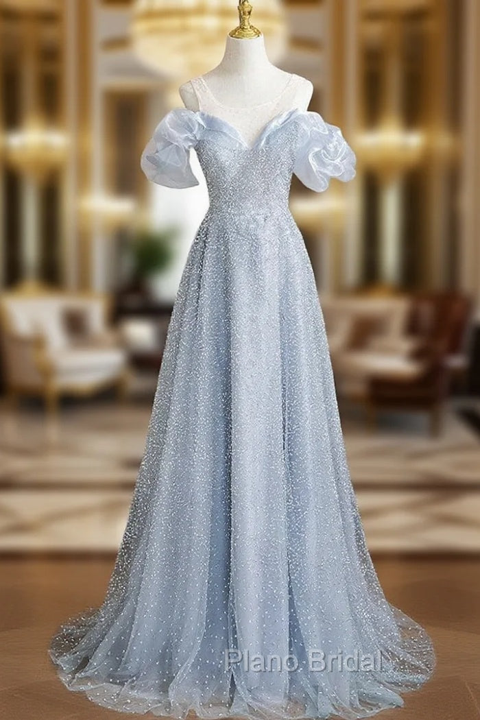 Blue Sequins Scoop Neck Formal Prom Dresses Main image