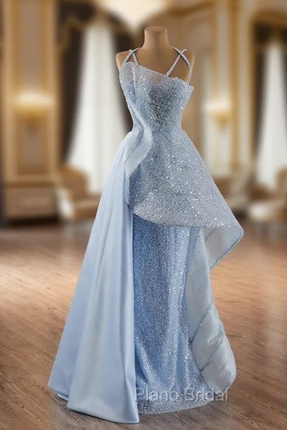 Blue Sequins Spaghetti Straps Formal Prom Dresses Main image