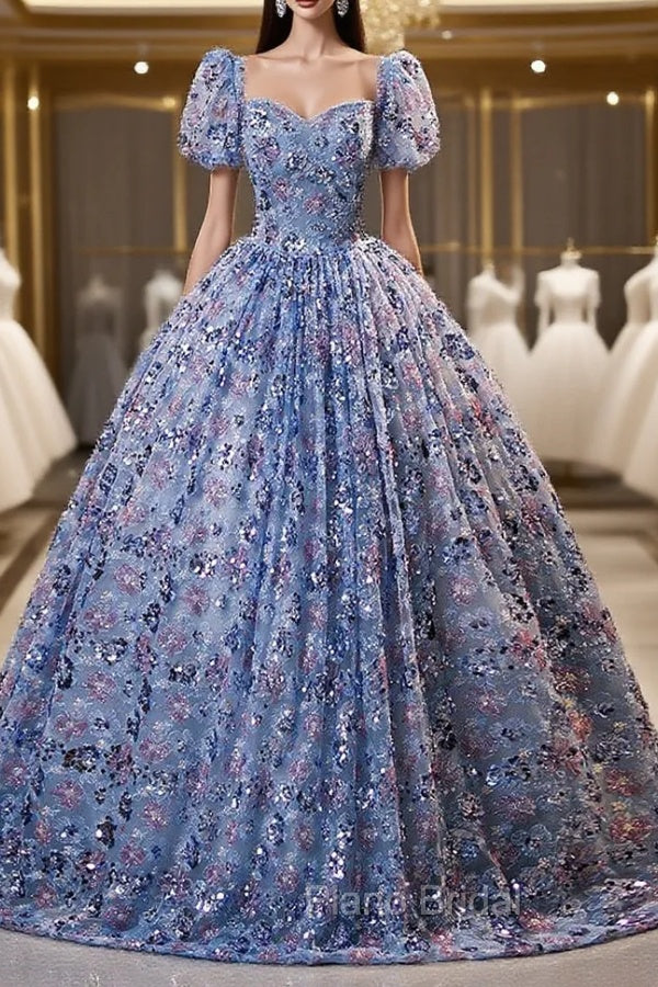 Blue Sequins Square Short Sleeve Quinceanera Dresses Main image