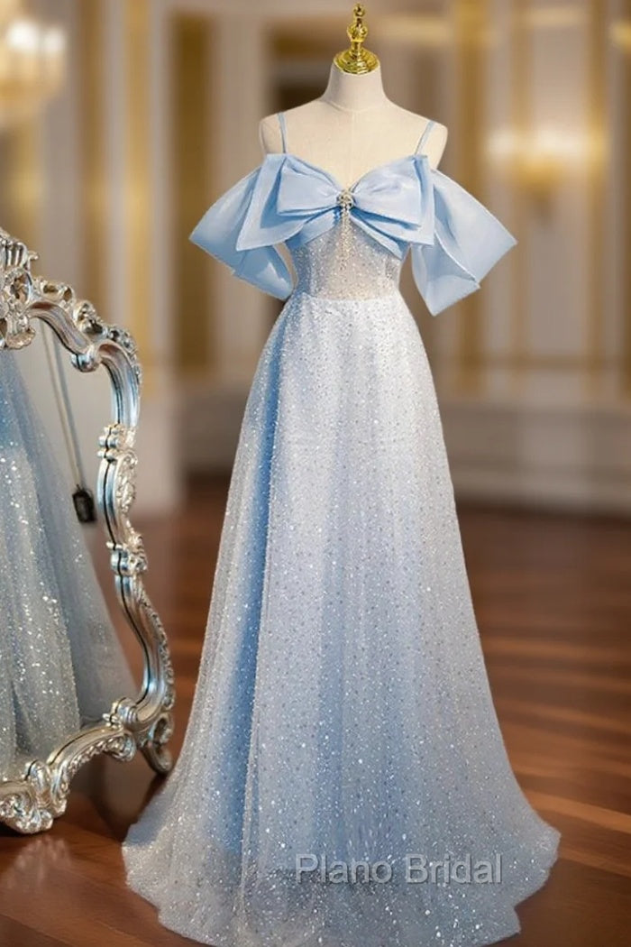 Blue Sequins Straps Bow Formal Prom Dresses Main image