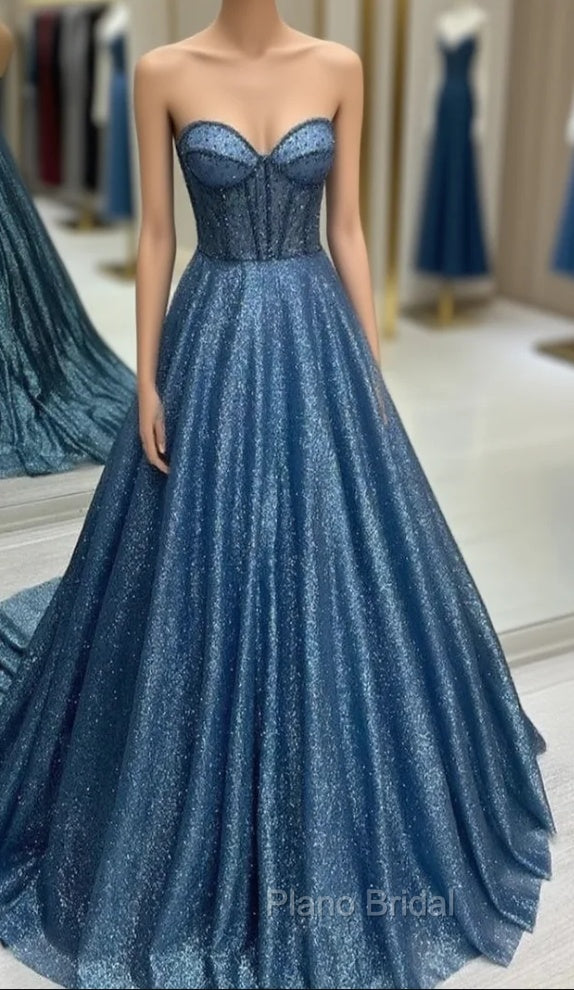 Blue Sequins Sweetheart Beading Formal Prom Dresses