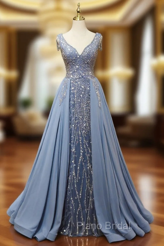Blue Sequins V-neck Beading Formal Prom Dresses