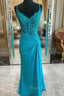 Blue Sheath Straps Appliques Beading Formal Prom Dresses