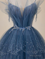 Blue Shiny Tulle Long Beaded A-line Prom Dress, Blue Floor Length Party Dress