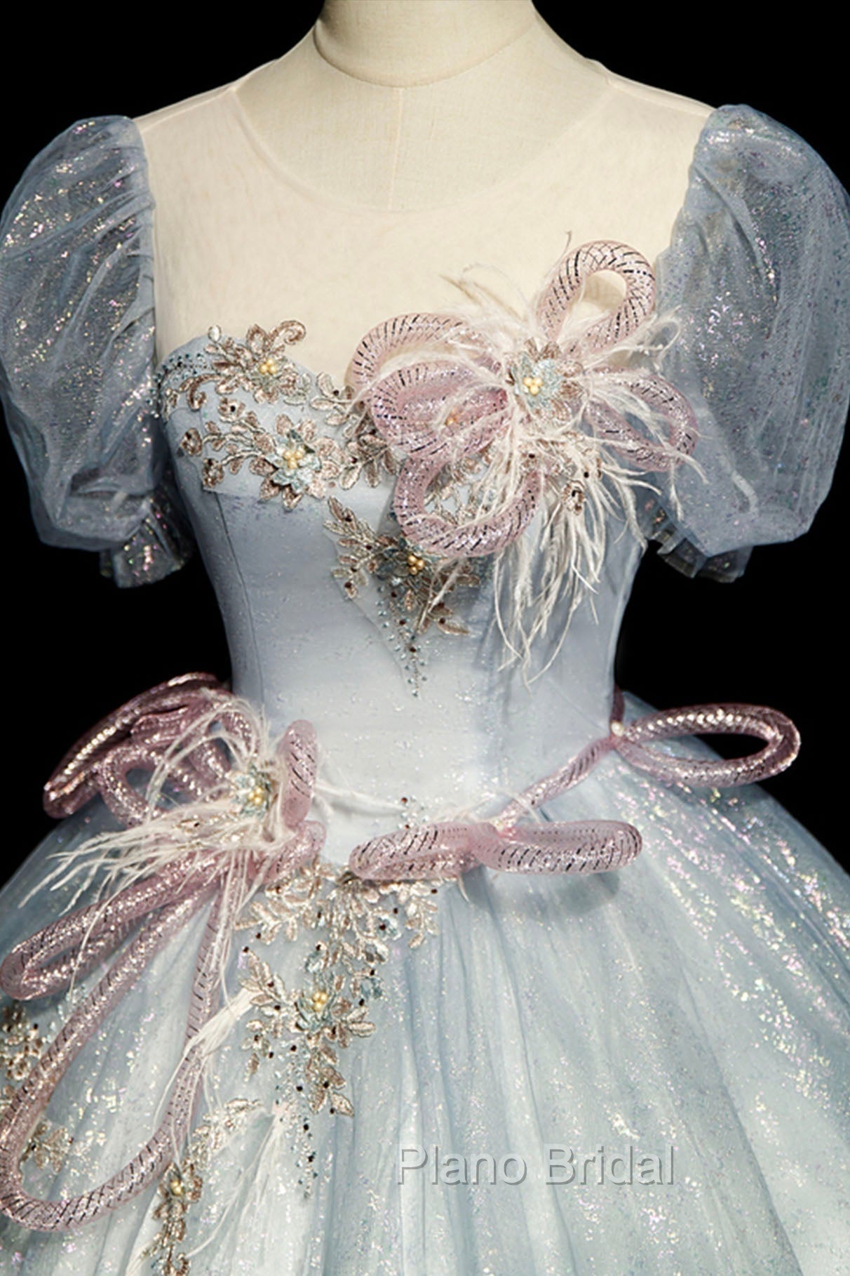 Blue Shiny Tulle Long Formal Prom Dresses with Sequins, A-Line Short Sleeve Party Dresses