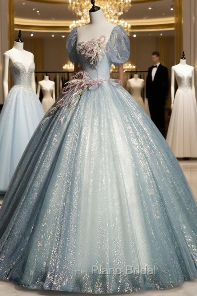 Blue Shiny Tulle Long Formal Prom Dresses with Sequins, A-Line Short Sleeve Party Dresses