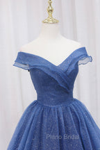 Blue Shiny Tulle Off the Shoulder Formal Prom Dresses, Blue V-Neck Evening Dresses