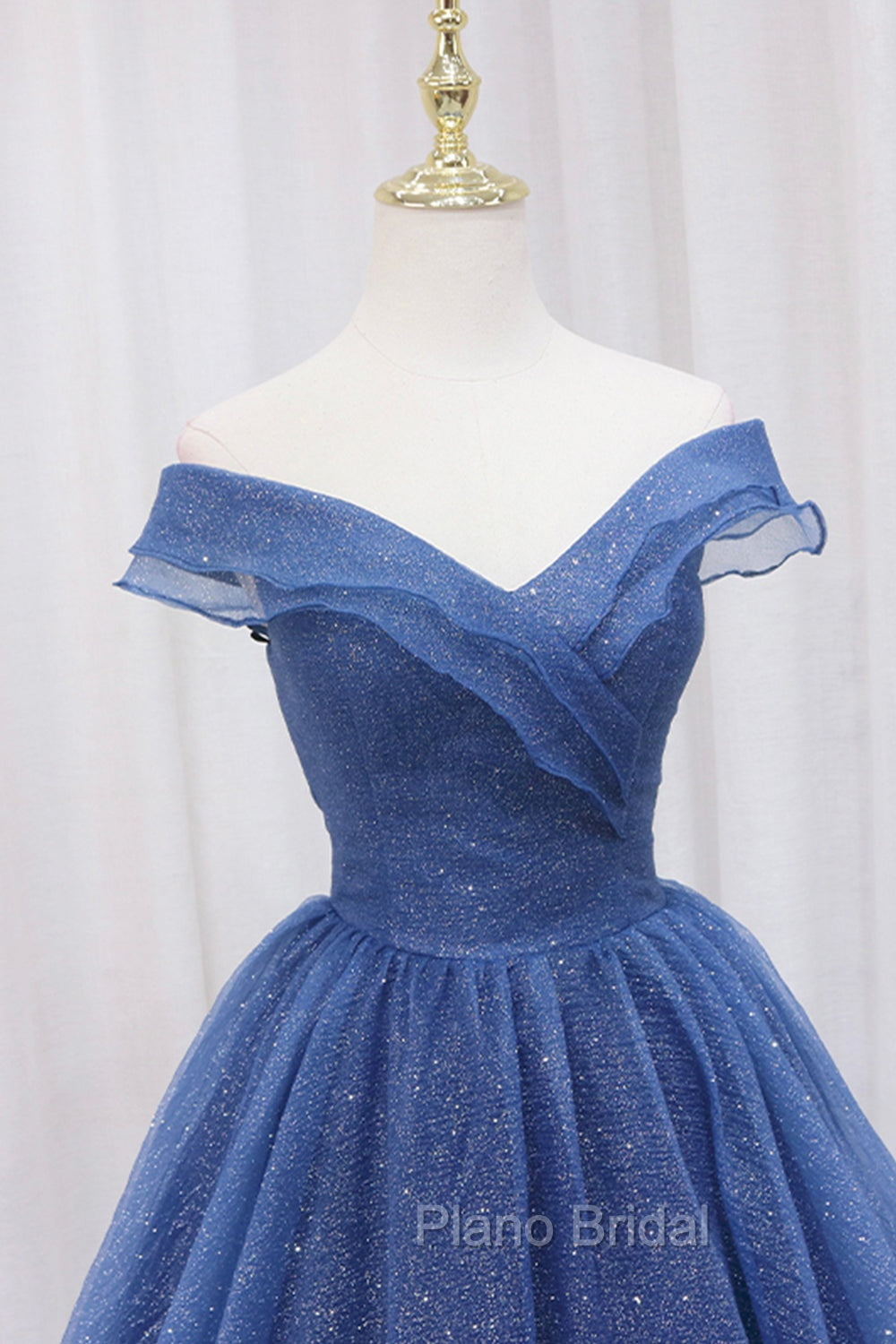 Blue Shiny Tulle Off the Shoulder Formal Prom Dresses, Blue V-Neck Evening Dresses