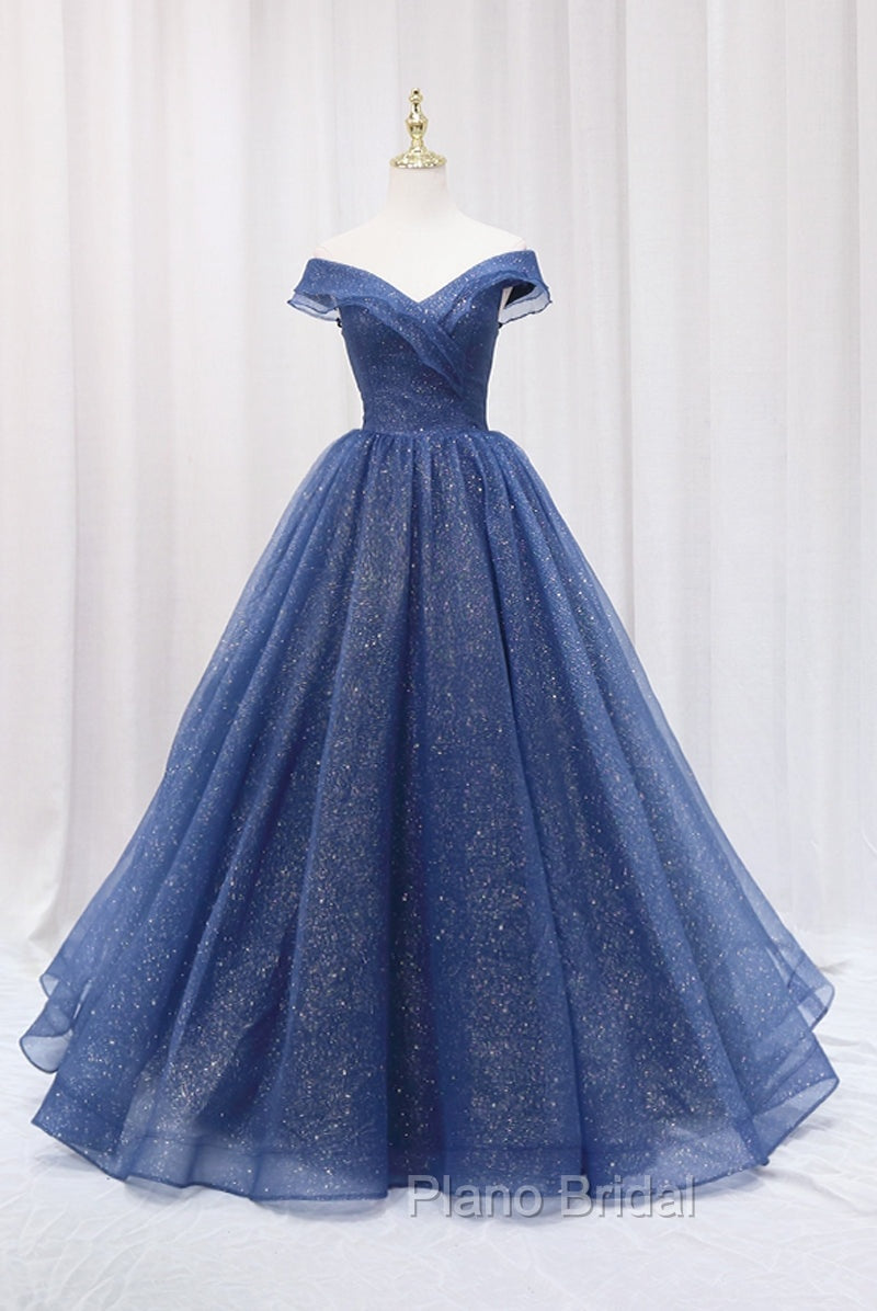Blue Shiny Tulle Off the Shoulder Formal Prom Dresses, Blue V-Neck Evening Dresses