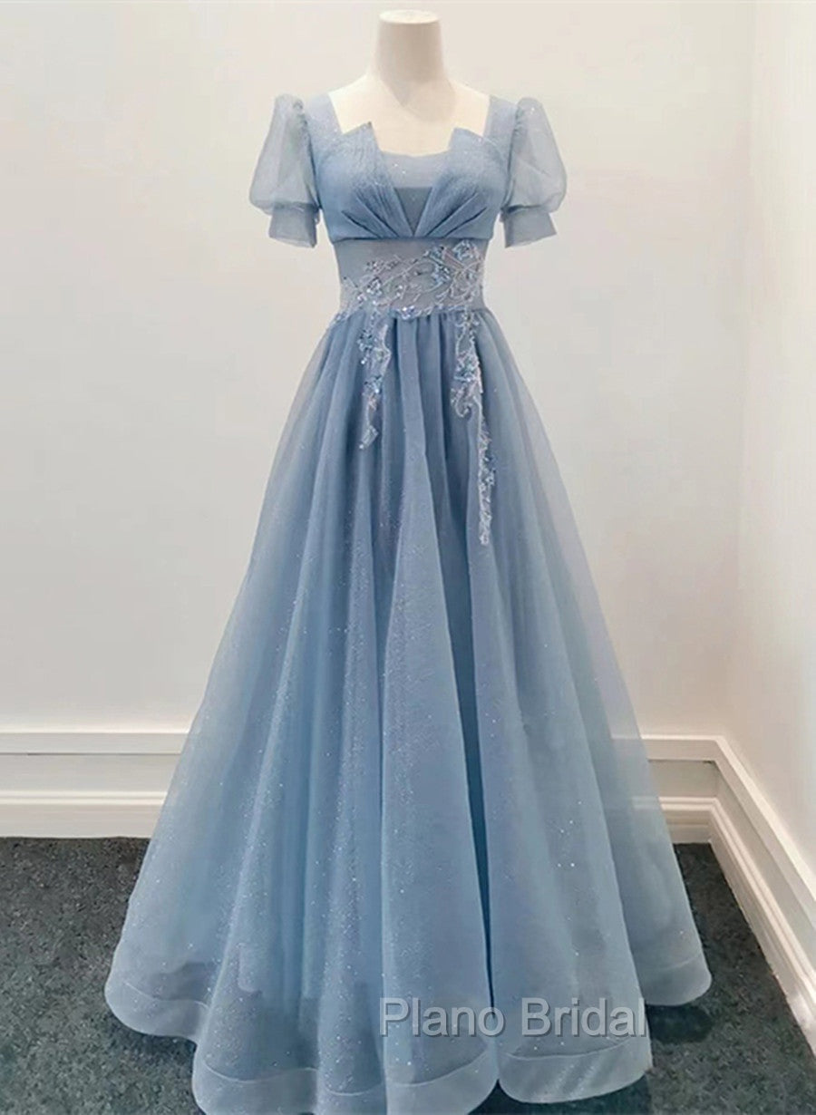 Blue Shiny Tulle Short Sleeves Long Formal Dresses, Blue A-line Formal Prom Dresses