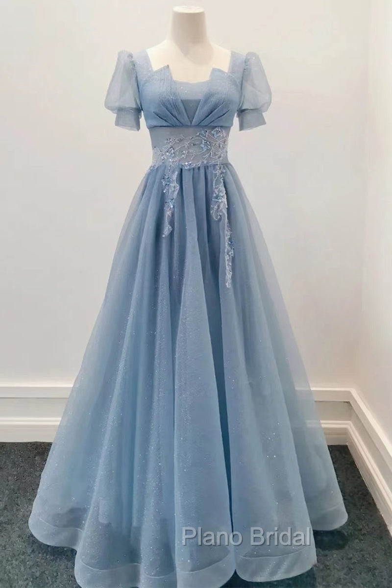 Blue Shiny Tulle Short Sleeves Long Formal Dresses, Blue A-line Formal Prom Dresses