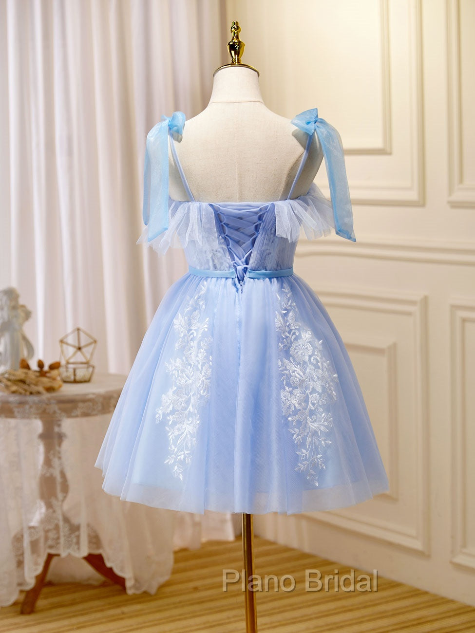 Blue Short Formal Prom Dresses, Puffy Cute Blue Homecoming Dresses with Lace Secondary image