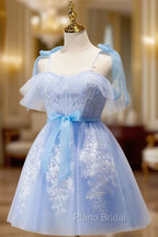 Blue Short Formal Prom Dresses, Puffy Cute Blue Homecoming Dresses with Lace
