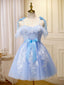 Blue Short Formal Prom Dresses, Puffy Cute Blue Homecoming Dresses with Lace