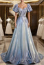 Blue Short Sleeve Pleats Formal Prom Dresses