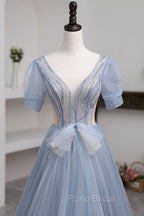 Blue Short Sleeve Tulle Floor Length Formal Prom Dresses with Beaded