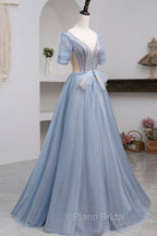 Blue Short Sleeve Tulle Floor Length Formal Prom Dresses with Beaded