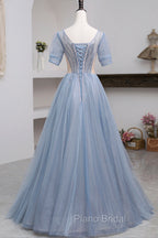 Blue Short Sleeve Tulle Floor Length Formal Prom Dresses with Beaded