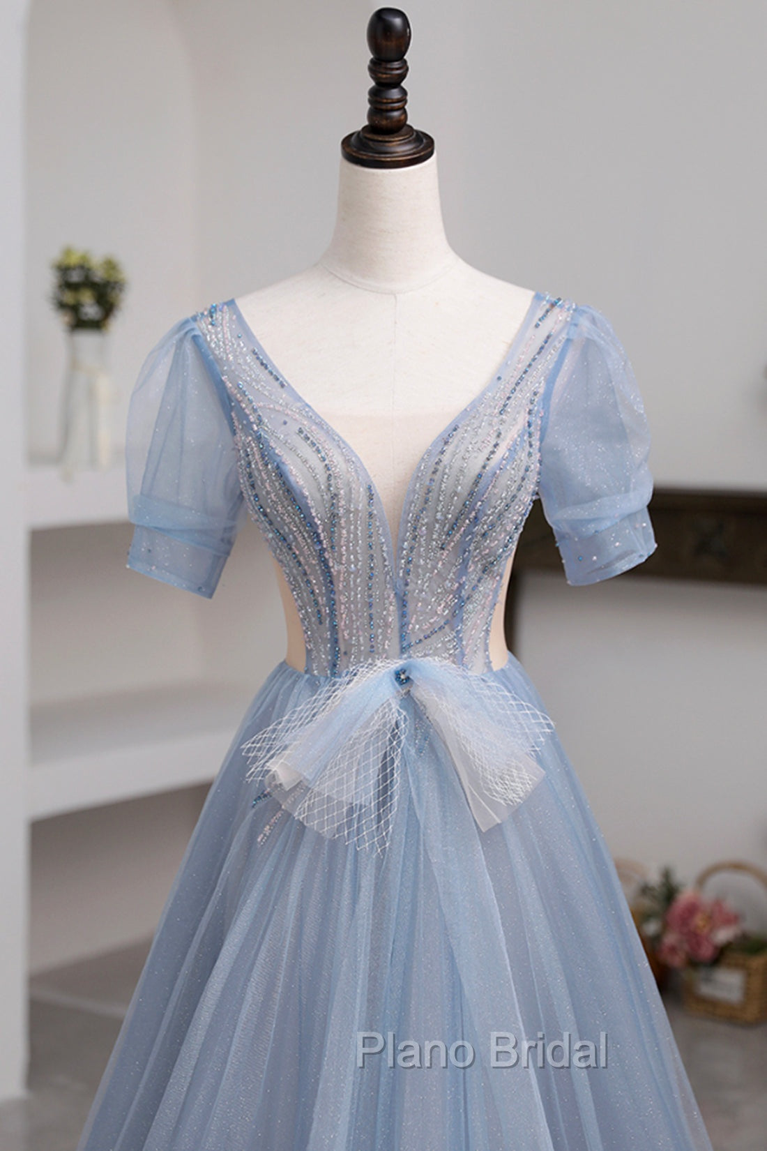 Blue Short Sleeve Tulle Floor Length Formal Prom Dresses with Beaded, Blue A-Line Evening Dresses Secondary image