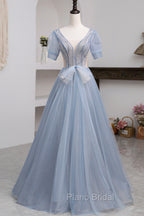 Blue Short Sleeve Tulle Floor Length Formal Prom Dresses with Beaded, Blue A-Line Evening Dresses