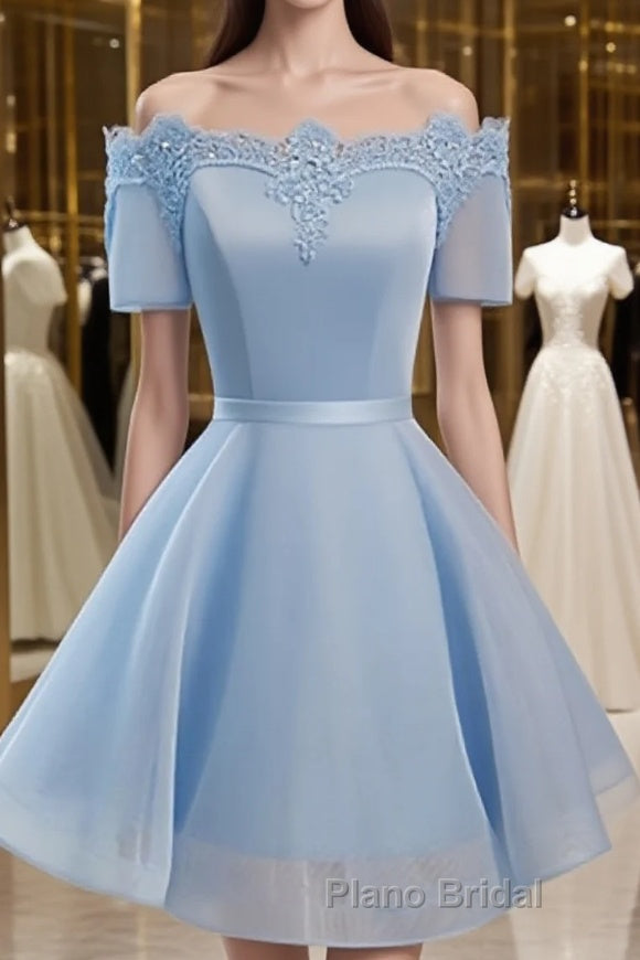 Blue Short Sleeves Lace-up Organza Bow Formal Prom Dresses, Homecoming Dresses