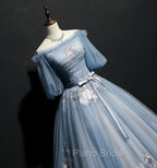 Blue Short Sleeves Long Tulle with Flower Applique Party Dresses, Blue Sweet 16 Dresses