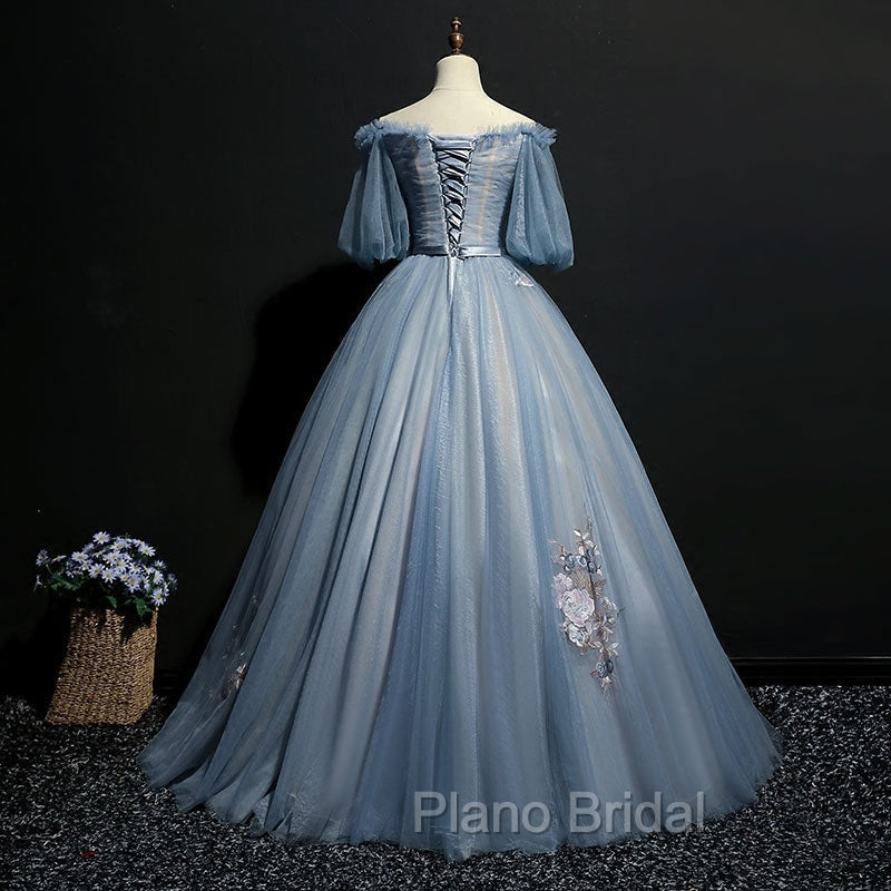 Blue Short Sleeves Long Tulle with Flower Applique Party Dresses, Blue Sweet 16 Dresses