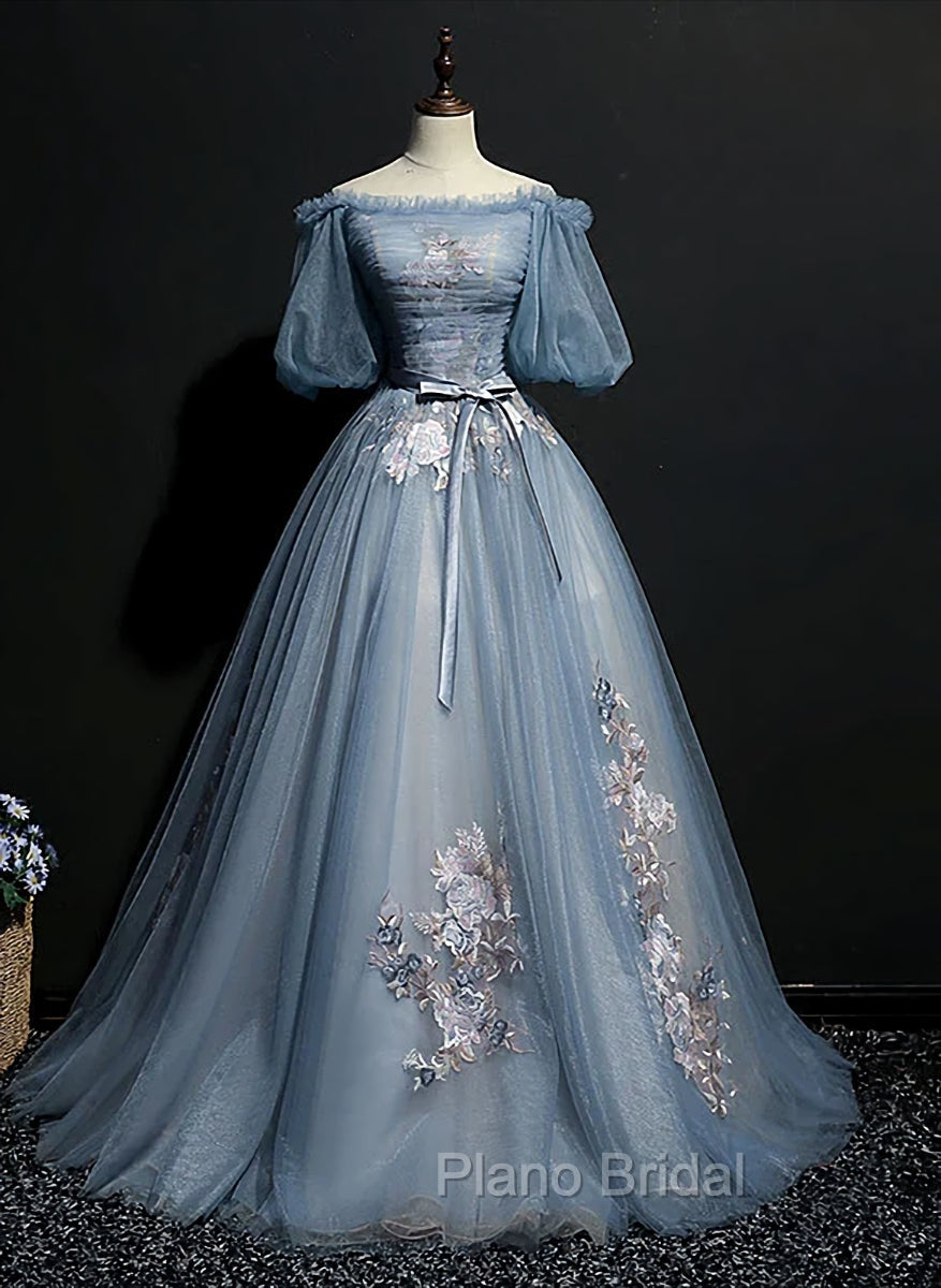 Blue Short Sleeves Long Tulle with Flower Applique Party Dresses, Blue Sweet 16 Dresses Main image